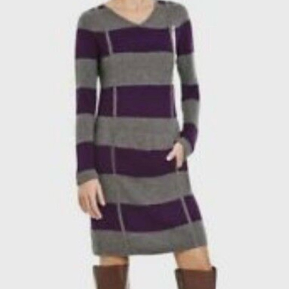 BCBGMaxAzaria || Striped Purple and Gray Wool Sweater Dress